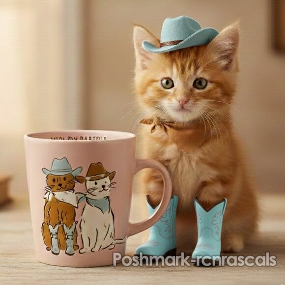 NEW Adorable Meowdy Partner Cowboy Cat Cats Pink Coffee Tea Mug Cup Prima Design - Picture 1 of 5